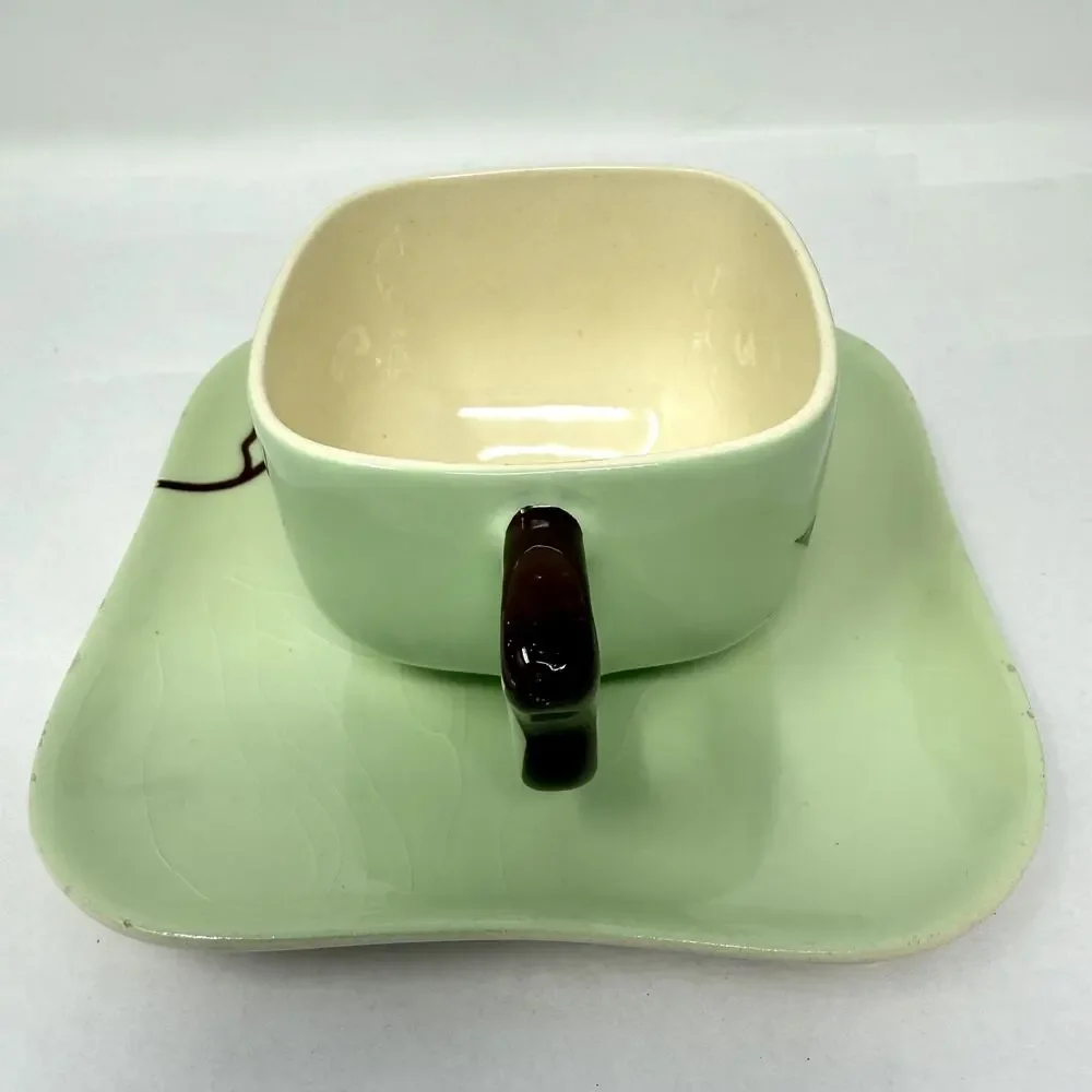 Weil Ware California Pottery Cup & Plate Set Hand Decorated Bamboo Lotus Vintage